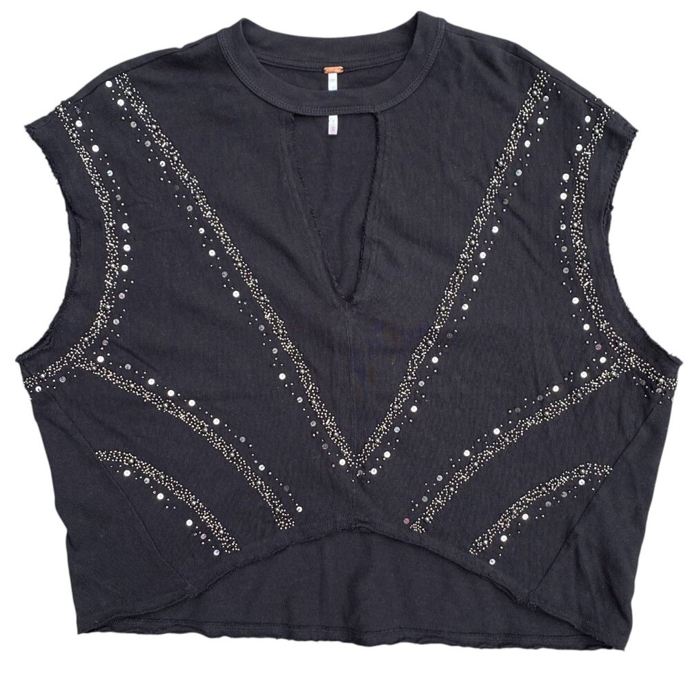 Free People Stardust Muscle Tee Embellished Black Oversized Festival Grunge-XS